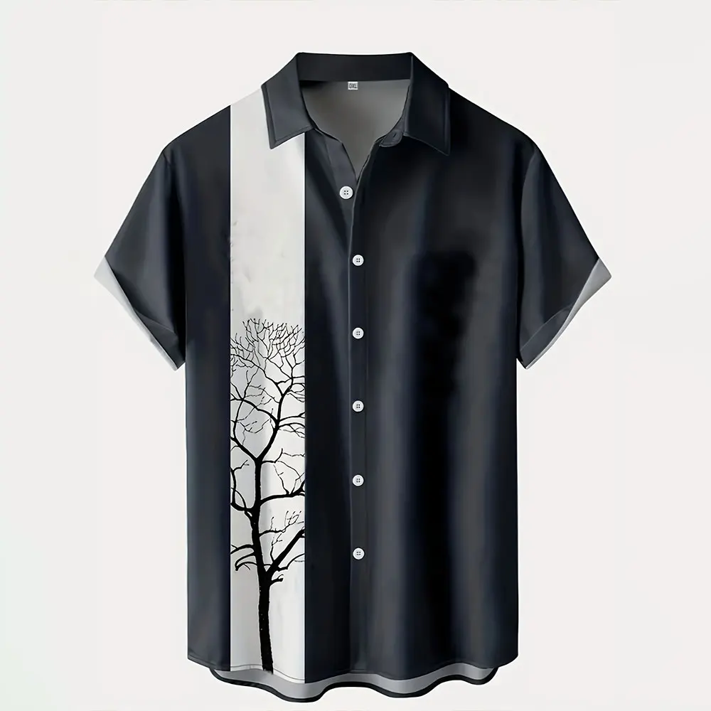 

Summer Loose Shirt Men'S Large Size Lapel Button Down Shirt Hawaiian Casual Shirt Fashion Dead Tree Print Short-Sleeved Shirt