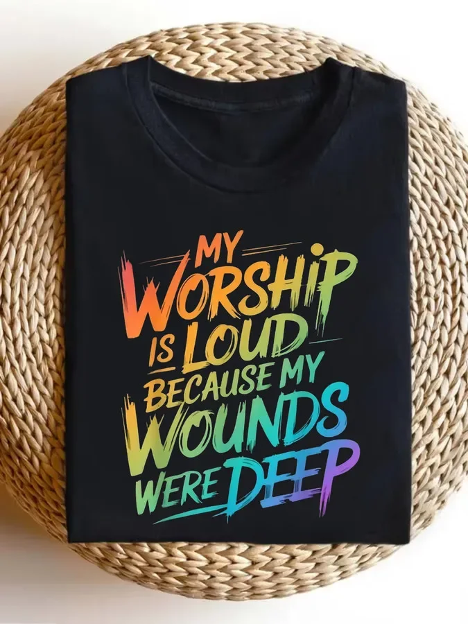 My Worship Is Loud T Shirt Women Colorful Slogan Printed Tees Cyber Y2k Neon Aesthetic Christian Streetwear Short Sleeve Casual Black Tops