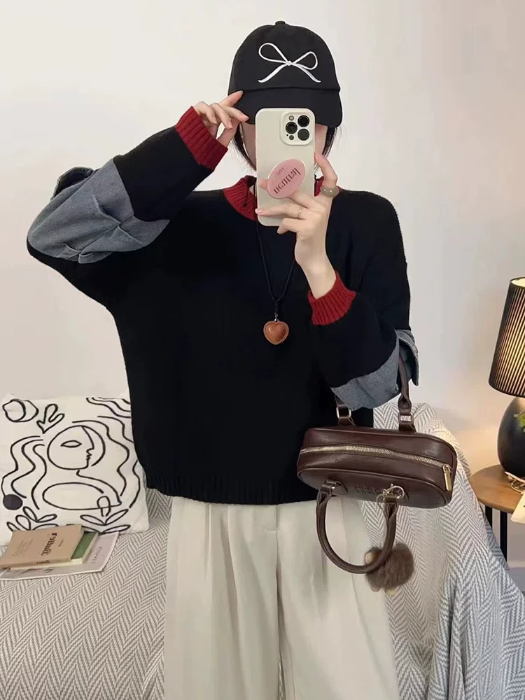 

Cowboy Patchwork Sweater Women's Casual Fashion Baggy Soft Knitted Pullovers Korean Loose O-Neck Long Sleeved Jumpers Top