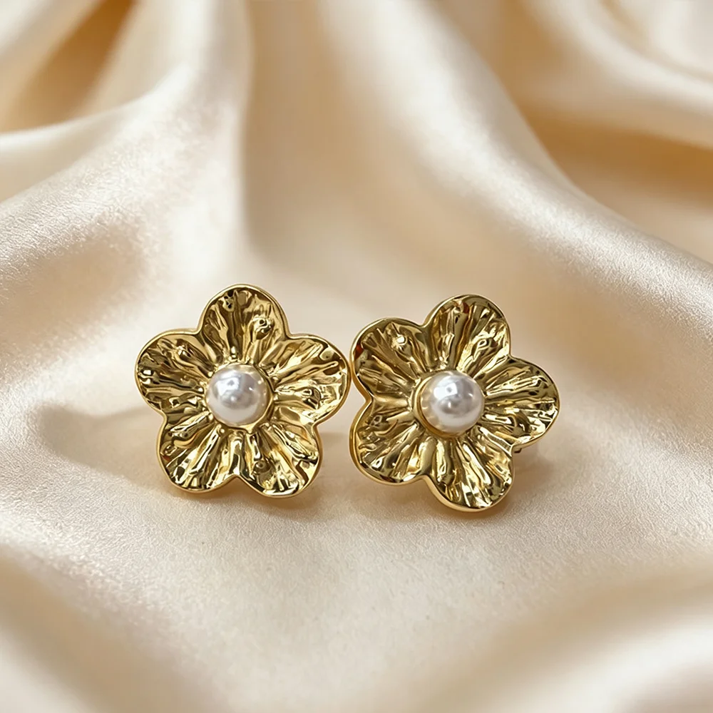 Trending Metal Pearl Big Flower Stud Earring For Women Irregular Texture Cheap Earring Fashion Jewelry Wholesale Stainless New