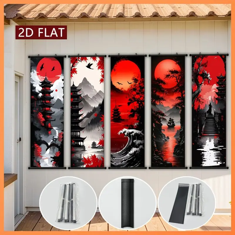 VIKAMA Chinese Ink Landscape Pagoda Wall Scroll Tapestry Mountain Maple Bird Poster Hanger Vertical for Living Bedroom Decor
