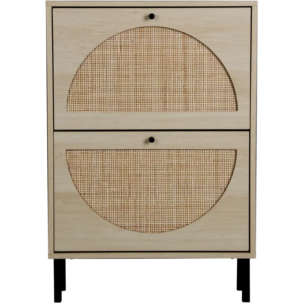 Natural Rattan Shoe Cabinet with 2 Flip Drawers, Entrance Hallway Free Standing Shoe Racks with Metal Legs for Heels