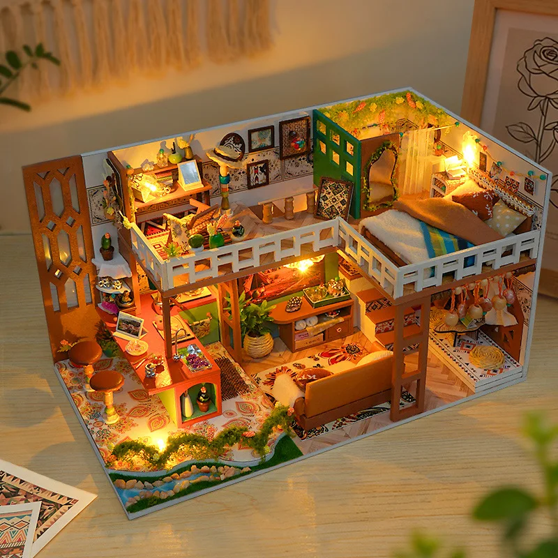 

DIY Wooden Bohemian Loft Casa Miniature Model Kits With Furniture LED Lights Dollhouse for Friends Birthday Gifts