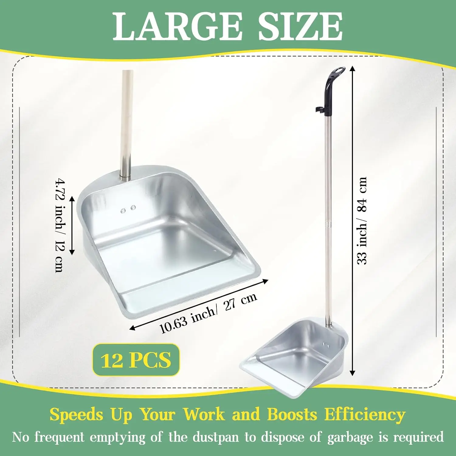 12 Pack Stainless Steel Dust Pan 33'' Upright Heavy Duty Dustpan with Long Handle Stand up Dust Pans Sweeping Tool for Home Floo