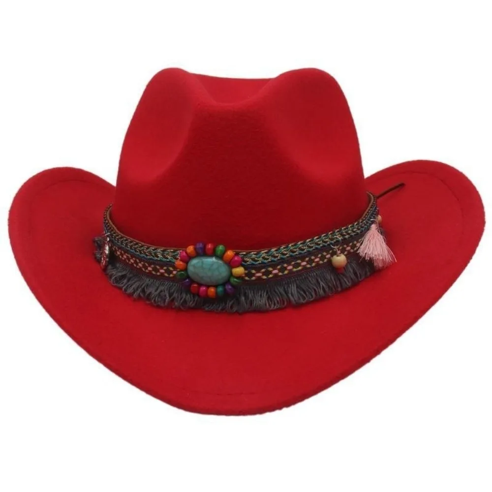Vintage Woolen Western Cowboy Hat Solid Color Big-edge Cowgirl Jazz Hat Roll Brim Colorful Top Hat Bucket Hats