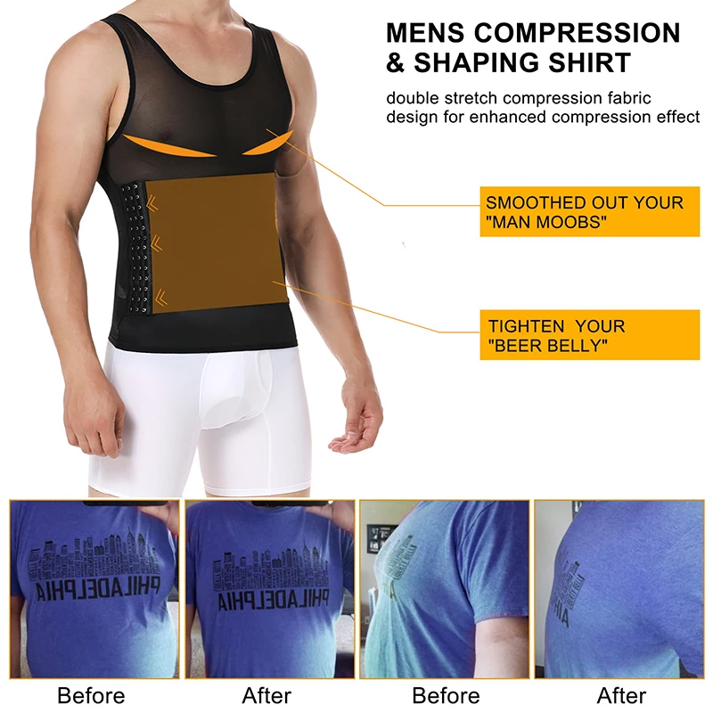 Camisa de compresión sin mangas para hombre, moldeador de cuerpo, entrenador de cintura, vientre plano, Abdomen, camiseta interior, camiseta de