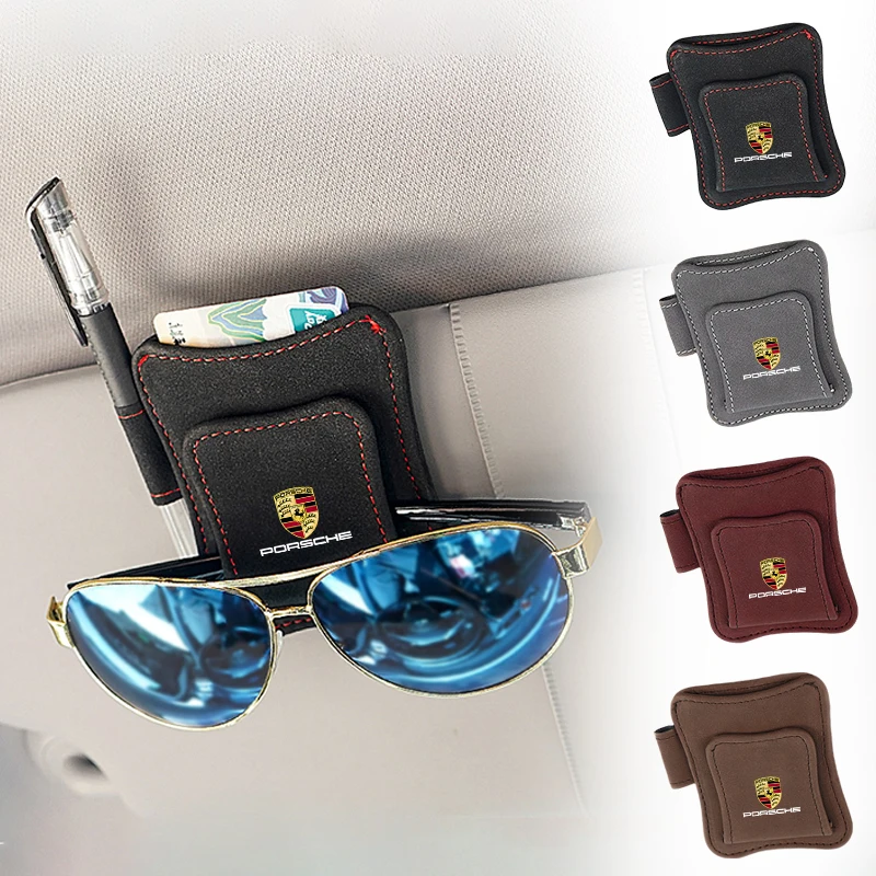 1PC Suede Car Sun Visor Glasses Clip Sunglasses Storage Box For Porsche Cayenne Panamera Macan 911 718 Taycan Boxster Cayman 918