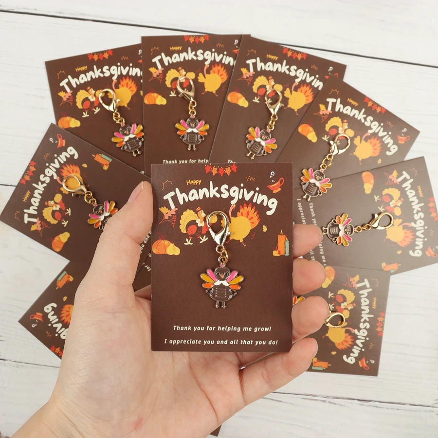 10 Pieces/15 Pieces Thank You Turkey Keychains, with Thank You Cards, Thanksgiving Gifts, Autumn Party Decoration Gifts, for Gift Giving, Backpack Decoration, Family Party Favors.