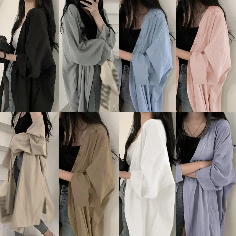 Summer Korean Version Loose Fit Women\'s Long Cardigan Summer Solid Color Breathable Thin Windbreaker Sunscreen Clothing