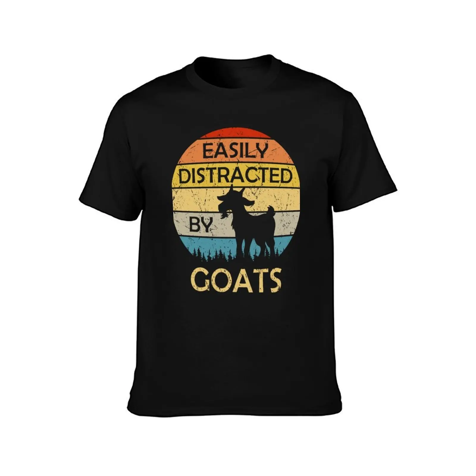 Easily Distracted By Goats Retro Vintage Funny Goat Lover T-Shirt Breathable Basic Cotton T-Shirt