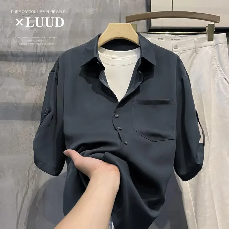 

Мужская рубашка с коротким рукавом, свободного кроя, с воротником, на пуговицах, повседневная, из шифона