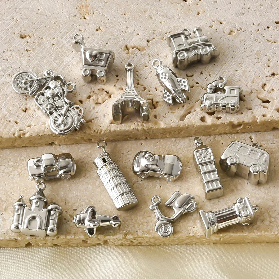 5Pcs Stainless Steel Car Motorcycle Train Vehicle Charms Pendant Big Ben/Eiffel Tower/Roman Pillar Ancient Pendant DIY Jewelry