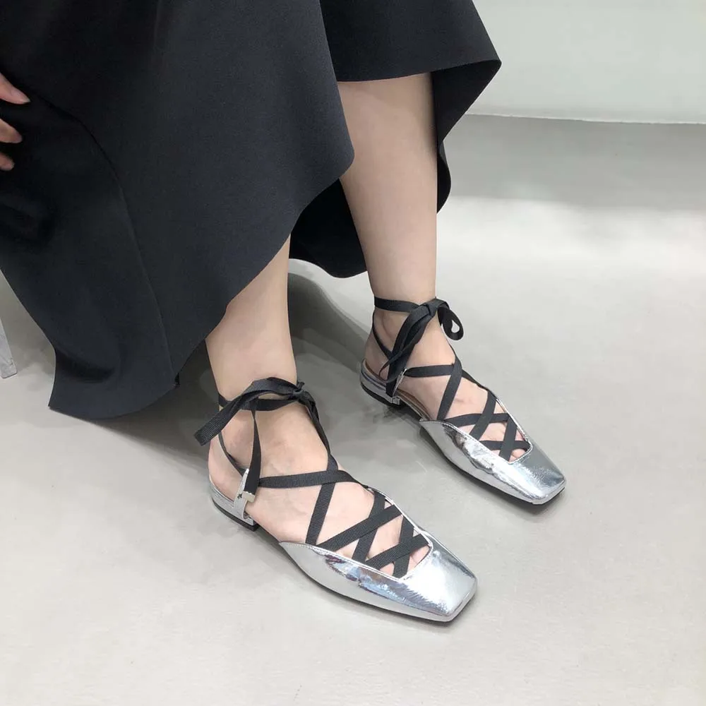 Square Toe Women Sandals Patent Leather Flat Heeled Cross Strap Lace Up Summer Party Sandals Shoes Woman Size 35-39 White Black