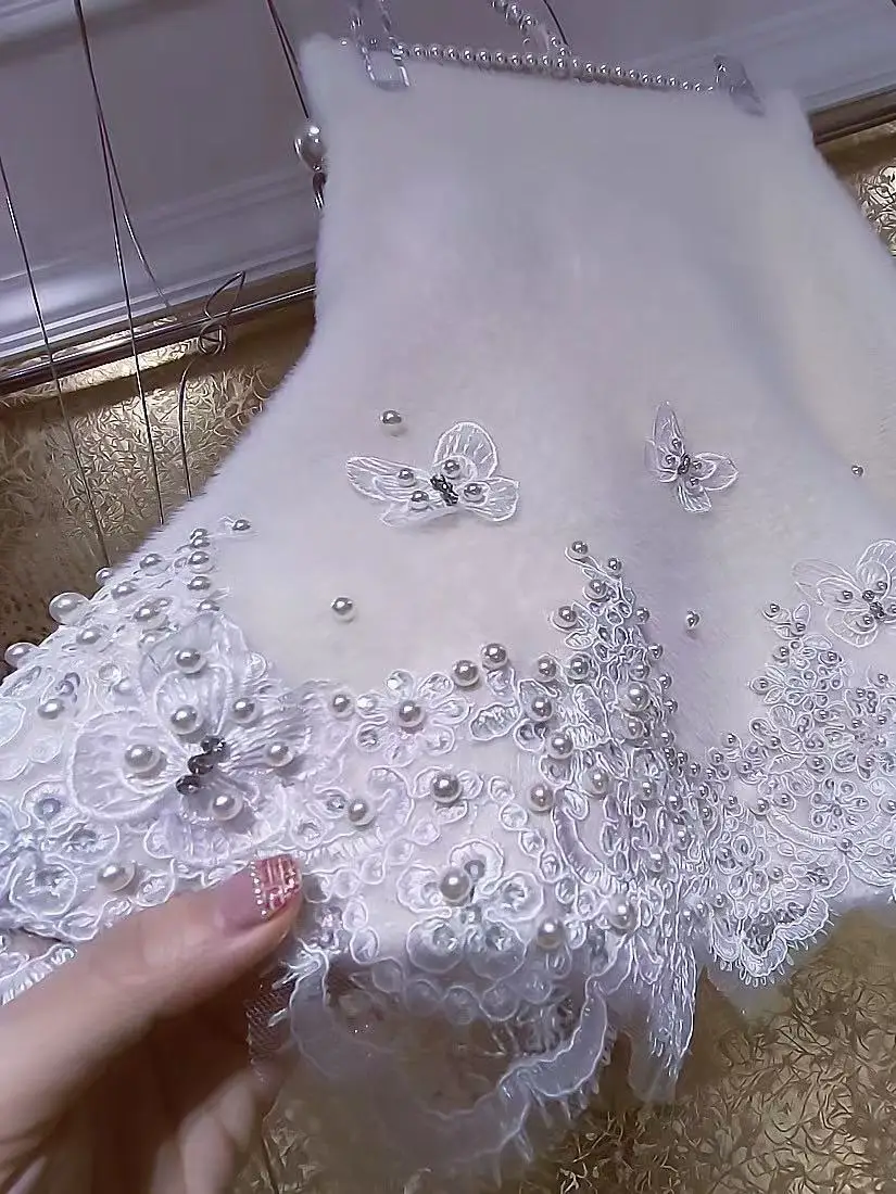 High end Heavy Industry Lace Embroidery Pearls Beaded Autumn Winter Skirt Women\'s Chic Faux Fur Knitted Half Skirt Woman Clothes