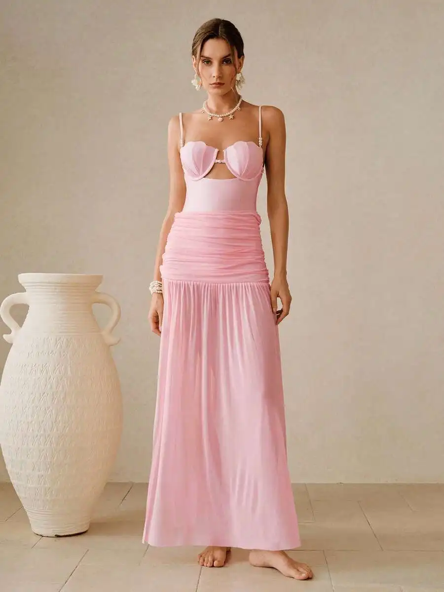 

Pink Shell Design Push Up Monokini Swimsuit With Semi-Sheer Cover-Up Skirt