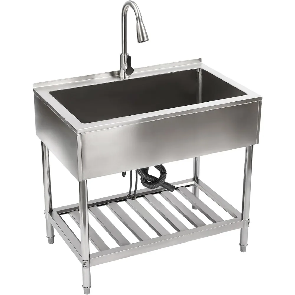 Utility Sink Stainless Steel Freestanding Large Basin Single Bowl Laundry Sink with Pull-out Faucet Commercial Kitchen Sinks wit