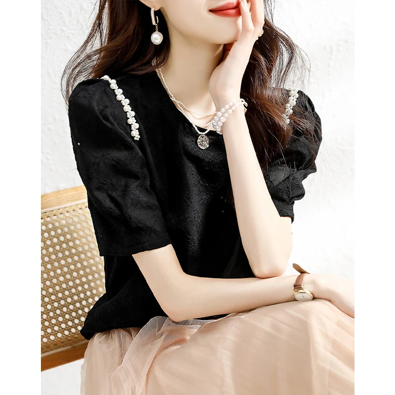 

Svel Sample Garment L ort Sve T-irt Lace Embellied round Ne Button Detail Korean Sle Commute Wear