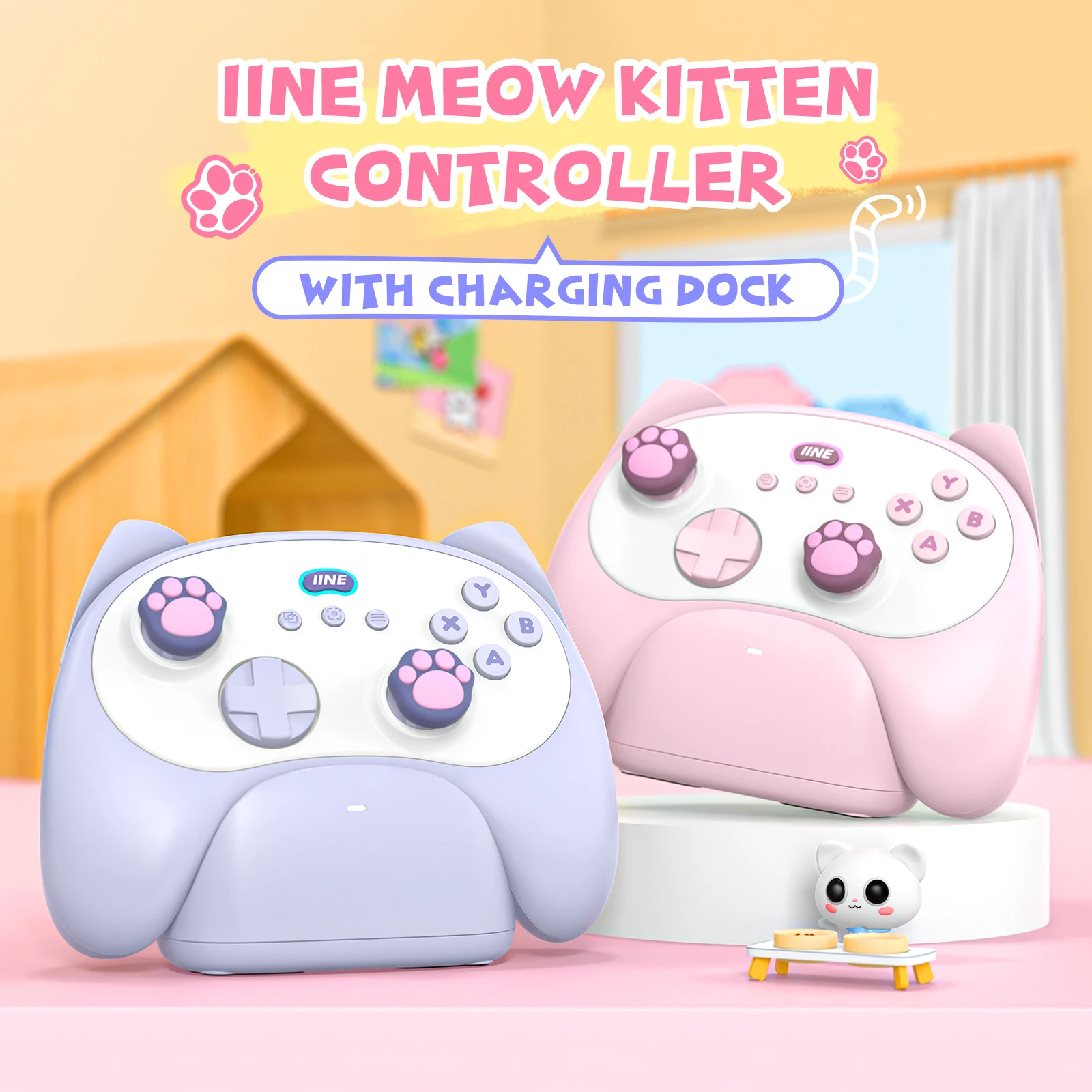 IINE Meow Kitten Controller with Charging Dock High-Density Hall Effect Joystick App for Switch PC