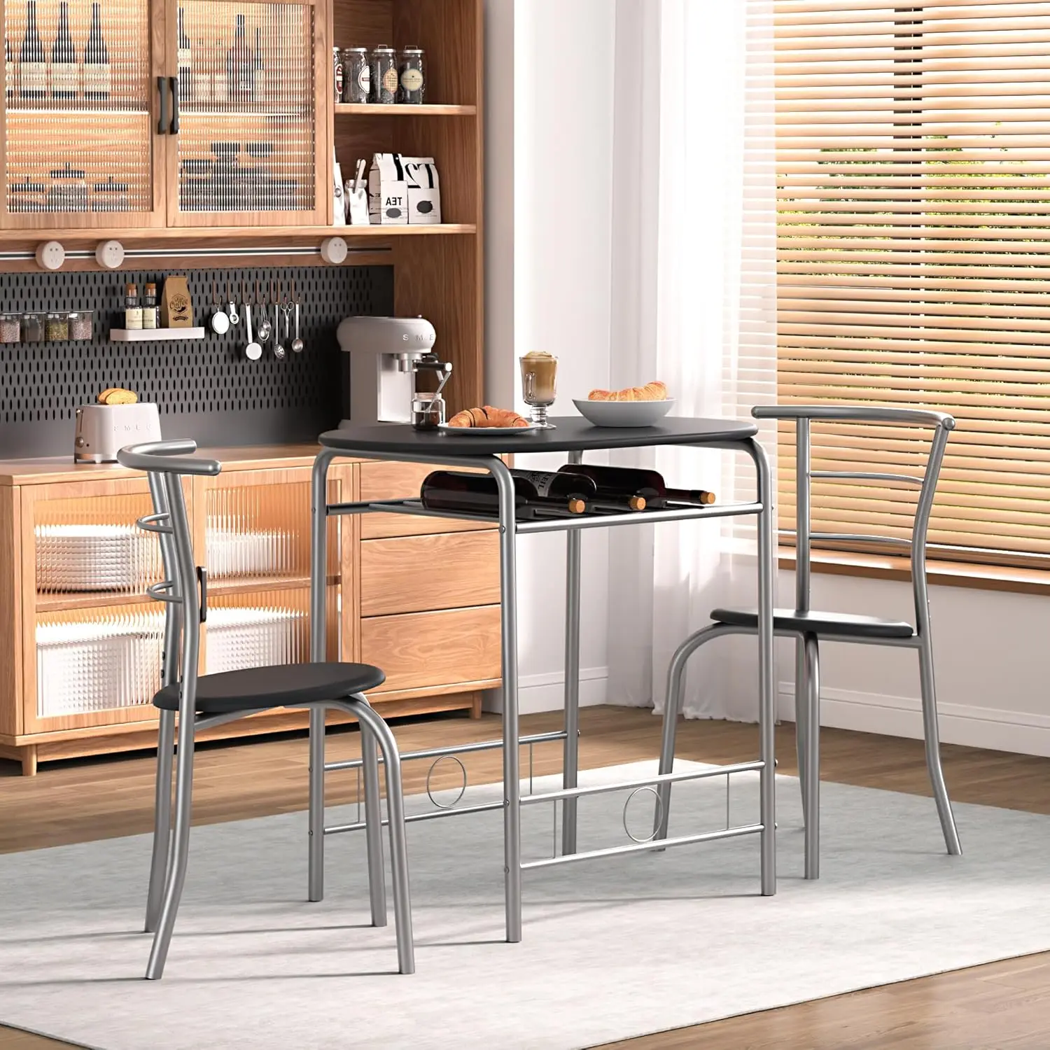 Vecelo 3-Piece Dining Table Set For Kitchen Breakfast Nook, Wood Grain Oval Tabletop And Metal Frame With Built-In Wine Rack,