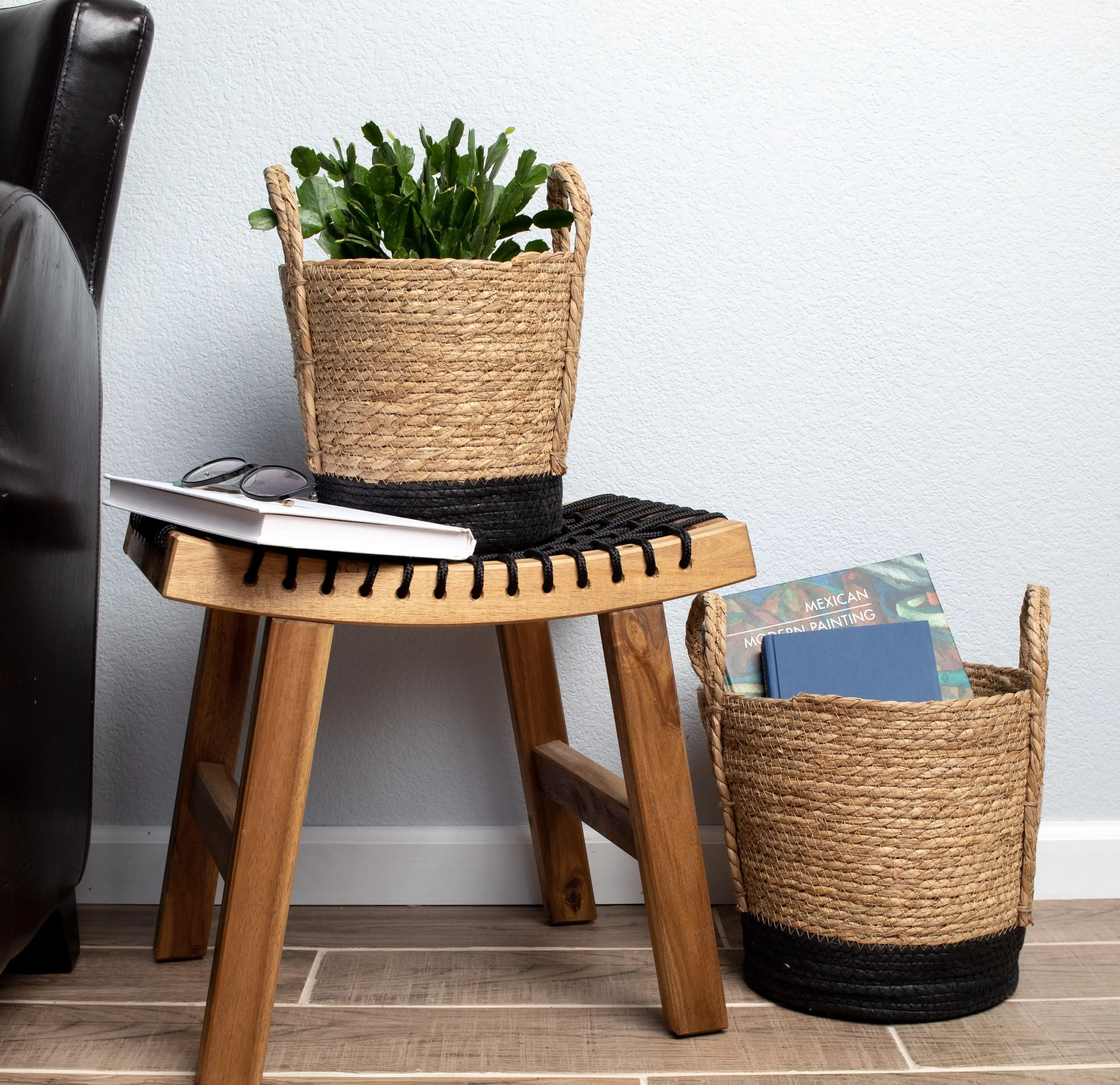 Runde Seegraskörbe, Natur, Schwarz, 2er-Set, Groß & Medium