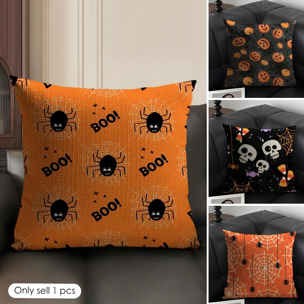 Happy Halloween Scary Spider Web Cushion Cover Breathable Linen Organic Fabric Double-Sided Printing Sofa Pillow Case Home Decor