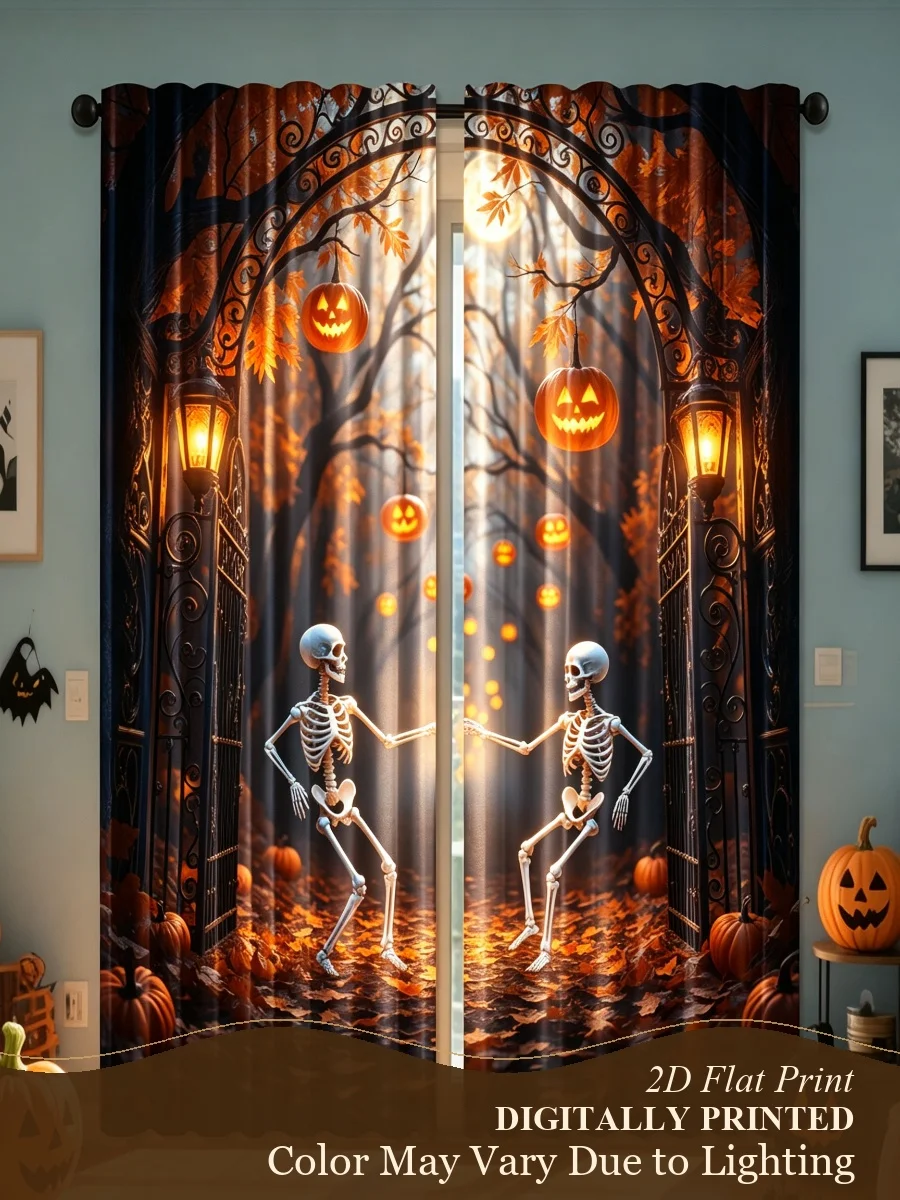 2PCS Halloween Skeleton Pumpkin Dance Curtains, Spooky Fall Festival Party Pattern Window Drapes for Holiday Home Decor