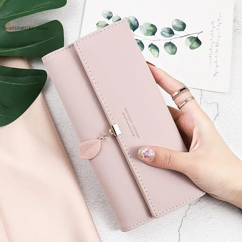 Simple Pure Color Pu Leather Leaves Decoration Niche Folding Student Bank Card Hand-Held Wallet Bag Female
