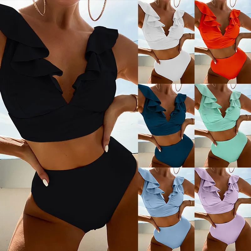 Women's Swimsuit Sleeveless V-neck Ruffle High Waist Bikini Set Solid Color Fashion Beach Hot Spring Seaside Summer 2024 New