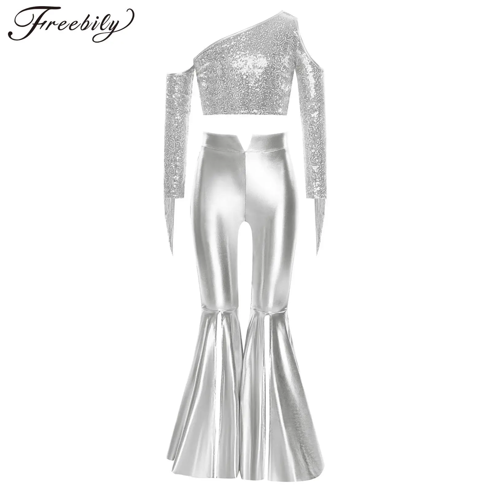 キッズガールズスパンコールタッセルバレエ衣装レイブパーティーセットメタリックパフォーマンスジャズダンスコスチュームクロップトップ-ベルボトムパンツ