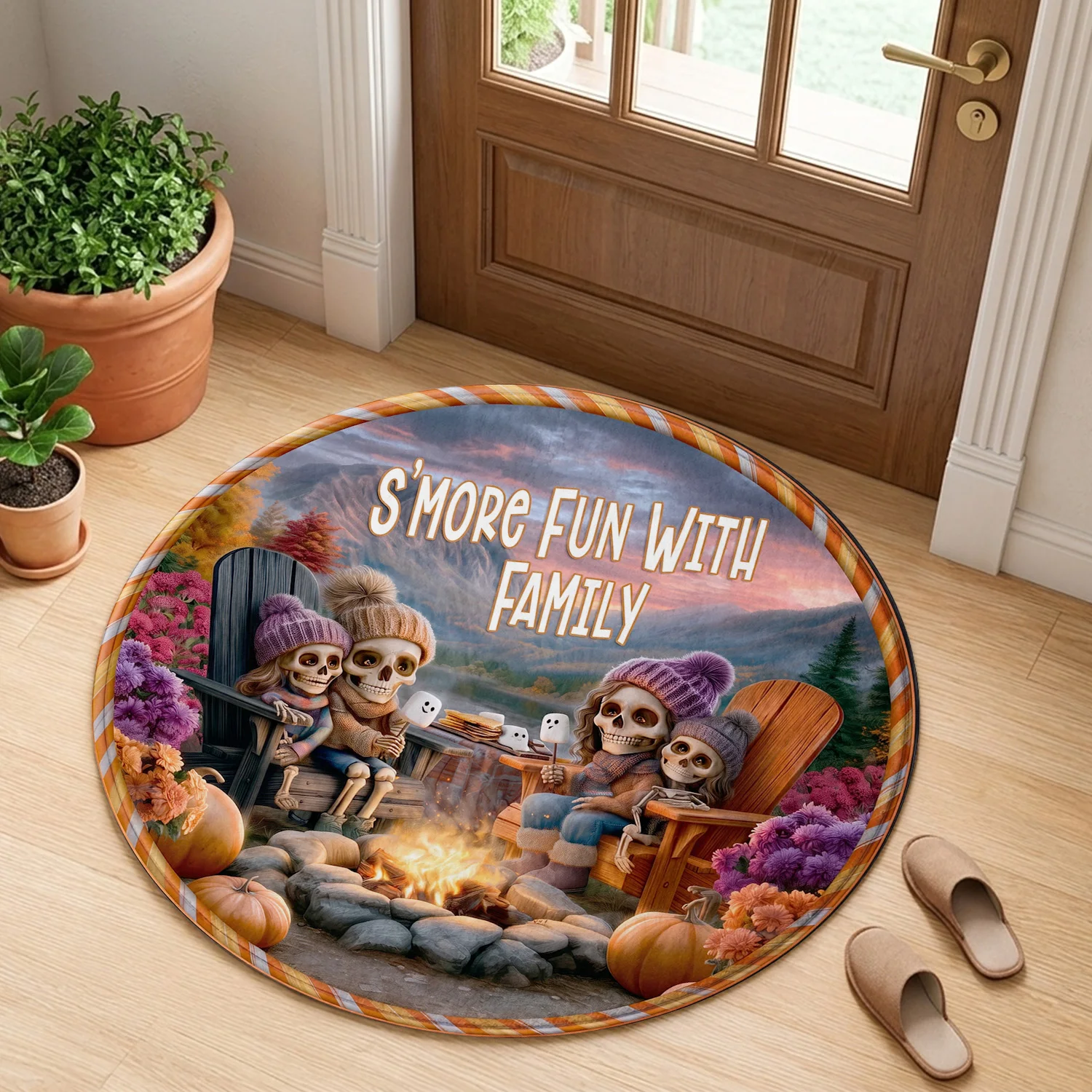 Smore Fun With Family Cute Halloween Skeleton Camping Campfire Pumpkin Holiday Luxury Round Mat Elegant Area Rug Home Decor