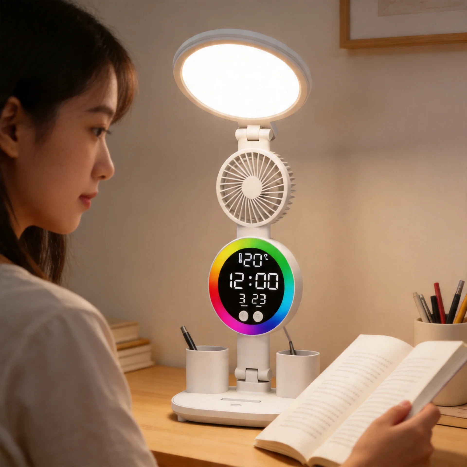 Eye-care Desk Lamp with Fan, LED Clock Display, Temperature, Time, Date, 3-color Adjustable, USB Powered