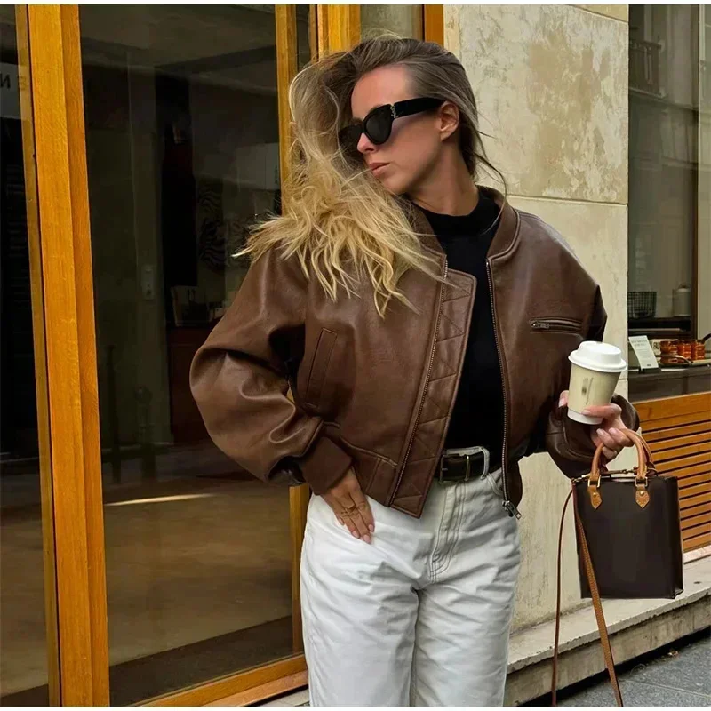 Blouson aviateur en cuir PU à manches longues et col rond pour femmes, vestes courtes rétro avec fermeture éclair pour filles chaudes, haut court marron, Ins, automne