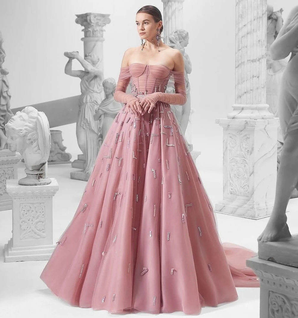 

Arabia Pink Mesh Evening Dresses Pleat Off Shoulder Beading Seuqin A Line Formal Party Prom Gowns Vestido De Fiesta Customized