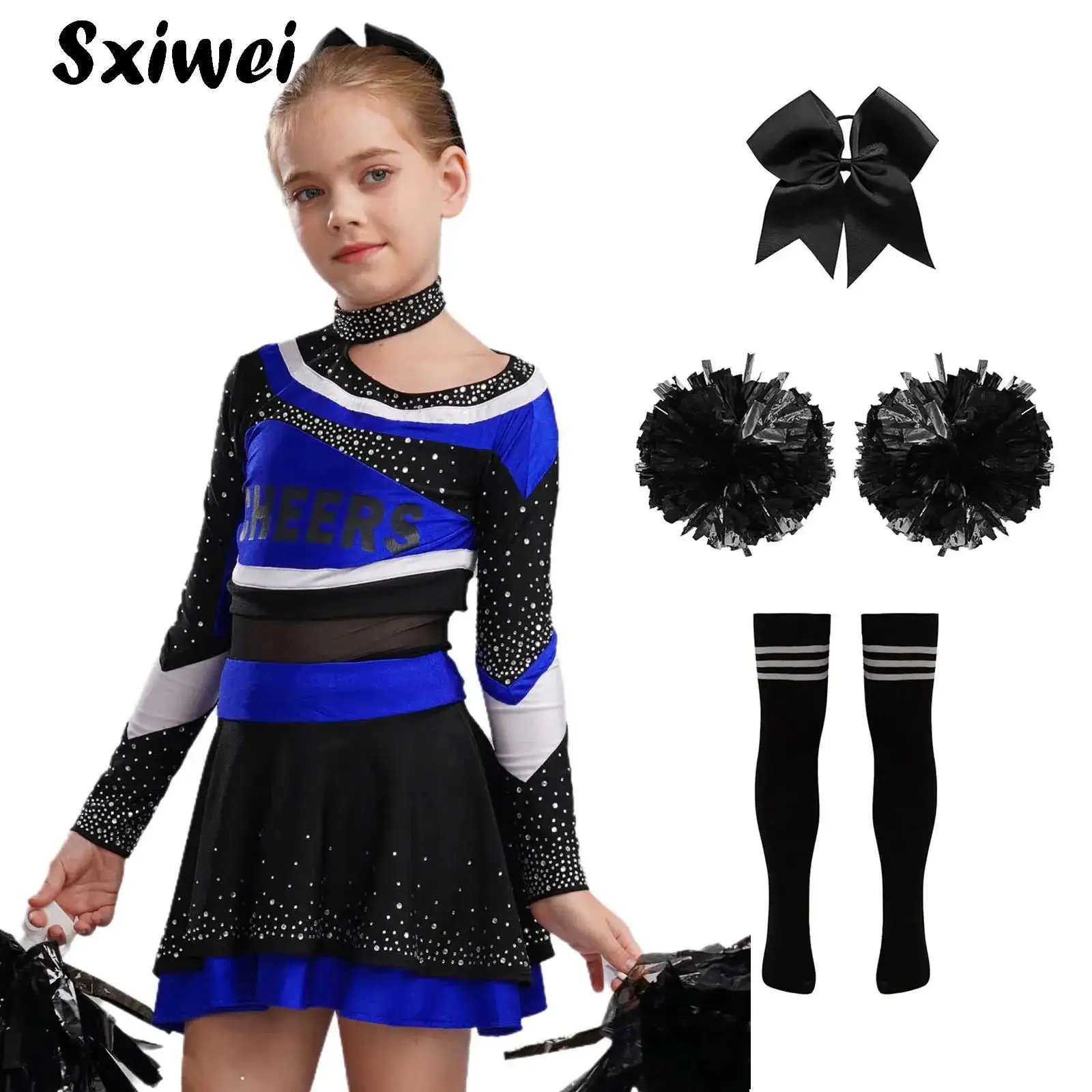 

Girls Cheerleader Costume School Cheer Dance Outfit Carnival Sports Meeting Rhinestones Cheerleading Uniform Top and Skirt Set