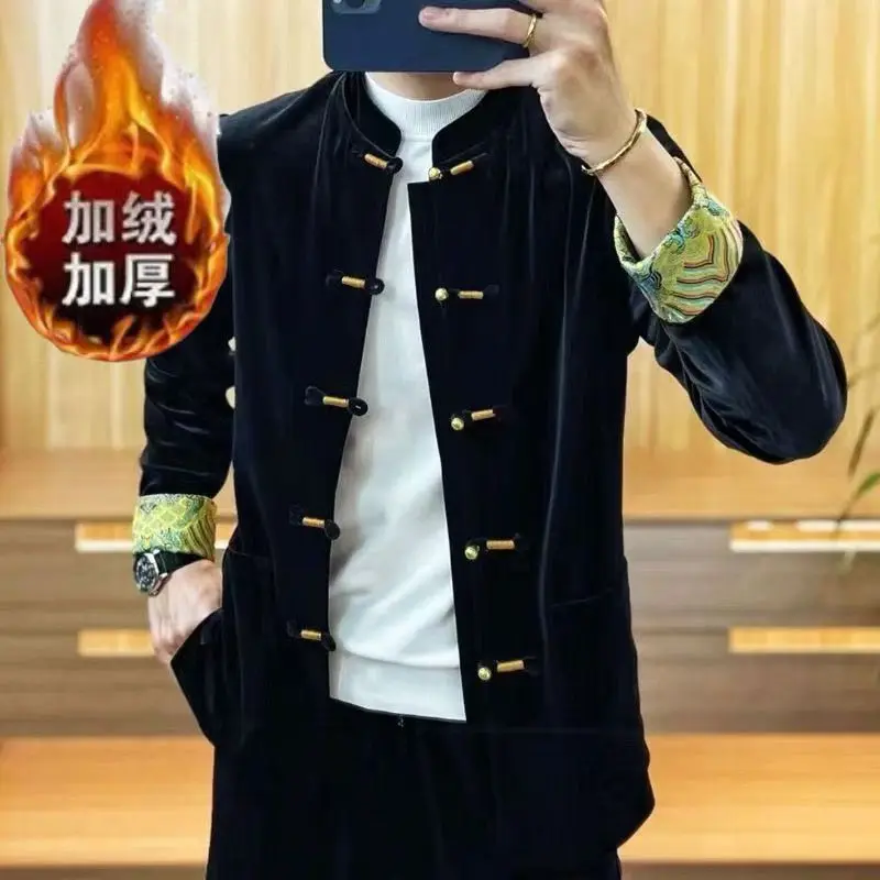 Spring and Autumn New Jackets Men\'s Stand Up Collar 2024 Fashion Chinese Style Tang Costume Buckle Gold Velvet All-match Coats