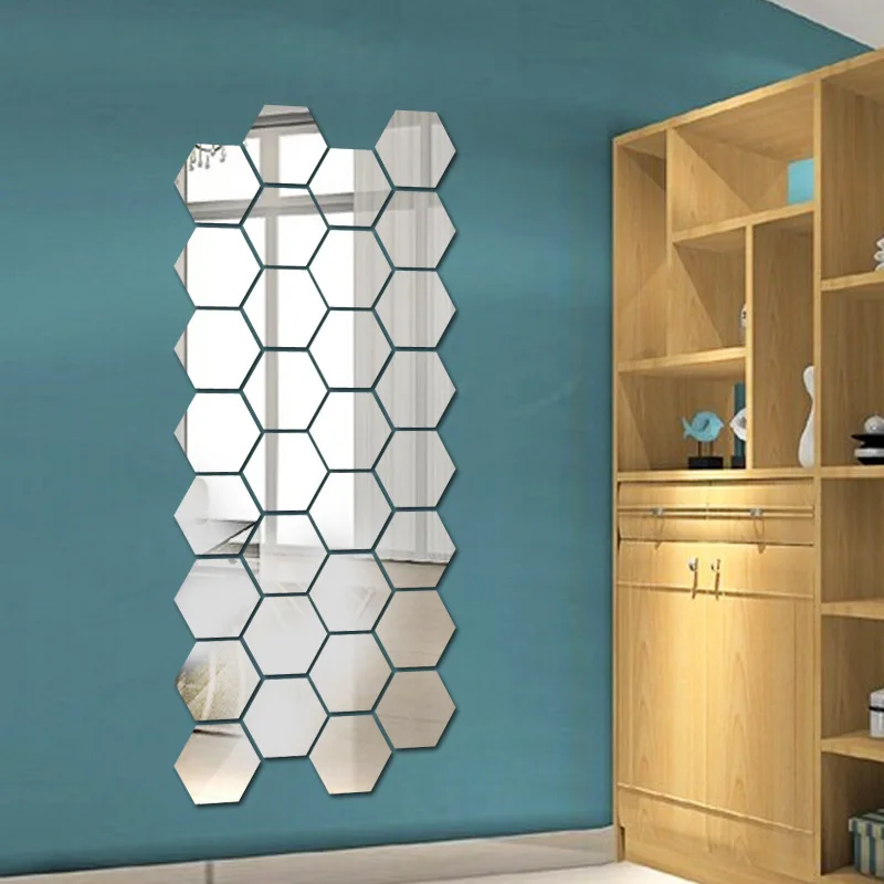 Espejo hexagonal 3D para decoración del hogar, pegatinas autoadhesivas para decoración de pared, arte de dormitorio, 12 piezas