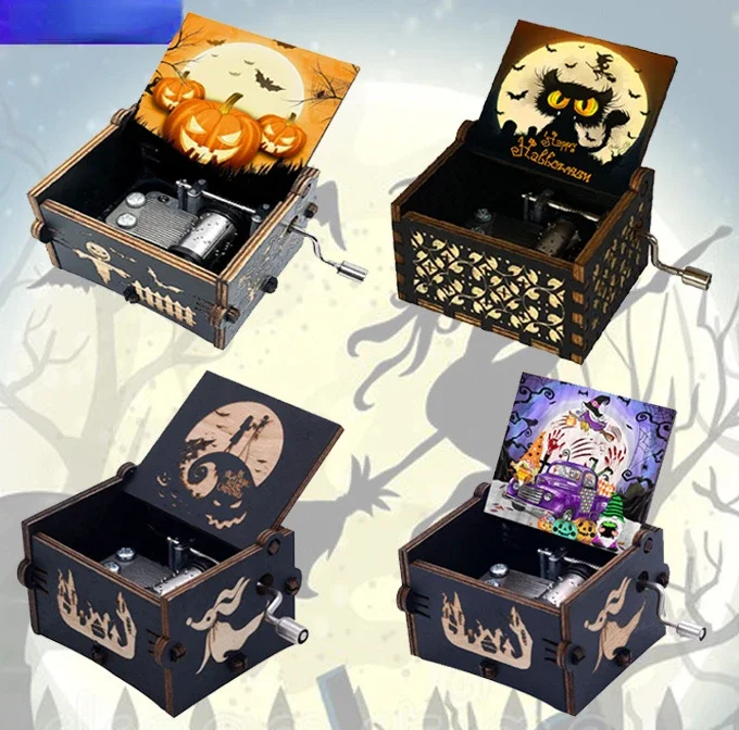 

The Nightmare Before Christmas Halloween Wooden Music Box Retro Carved UV Color Print Fright Night Hand-cranked Music Box