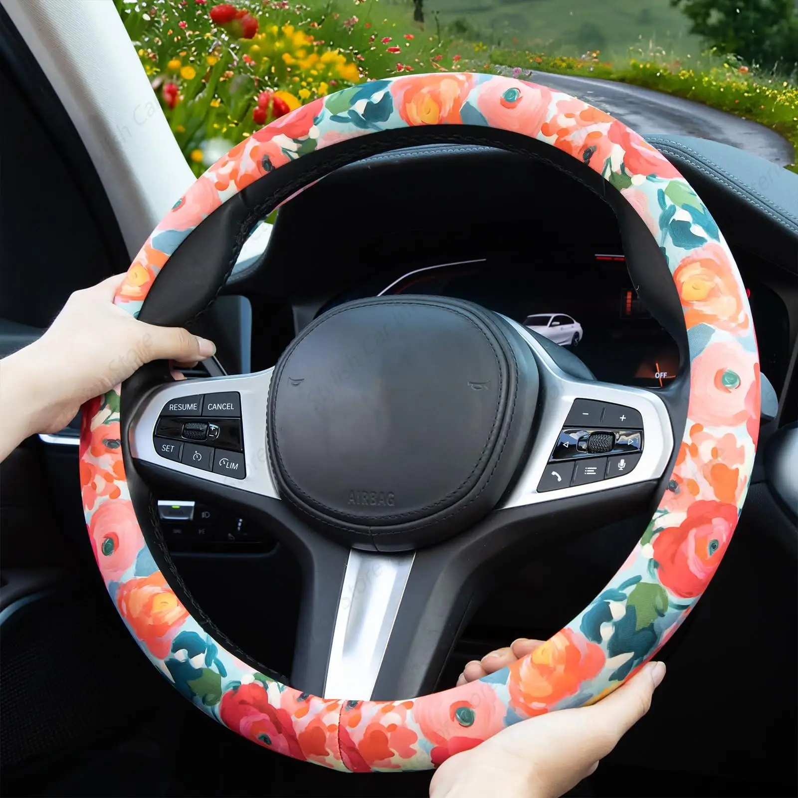 Poppy Coral Pink Flowers Steering Wheel Cover Auto Steering Wheel Protector, Anti-Slip, Breathable, Absorbing Sweat