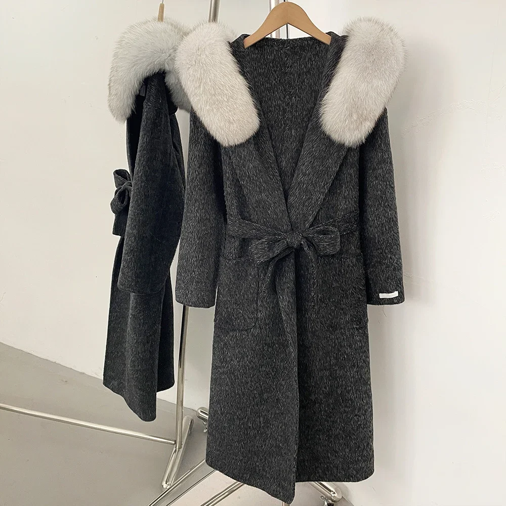 OFTBUY Luxuriöse Wolljacke mit Echtfellkragen und Kapuze, 100% Wollmantel für Damen, Neue Herbst-Winter-Lange Kleidung mit Natürlichem Fell – Detail 4