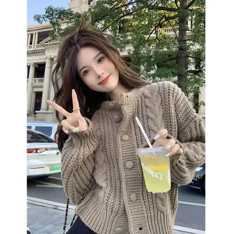 Korean Version Lazy Style Sweater Coat Women's College Style Loose Outer Wear Thickened Fried Dough Twists Long Sleeve Knitting