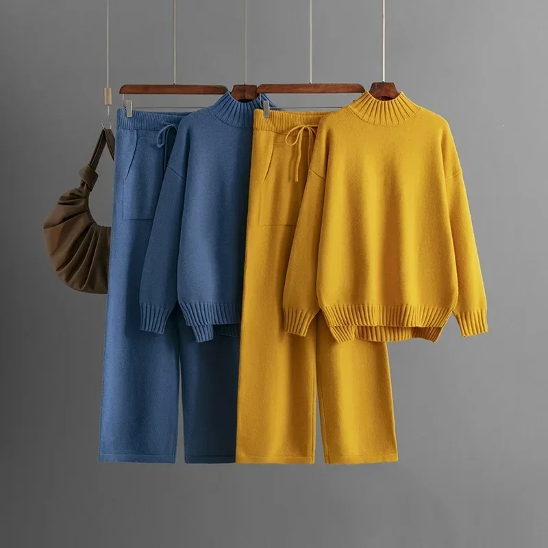 Women Thick Knit Two-Piece Set Turtleneck Sweater Wide Leg Pants Winter Outfit