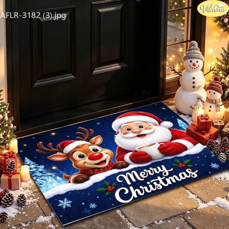 VIKAMA Blue Santa Reindeer Cocoa Entryway Rug Non Slip Low Profile Mats for Outside Front Door Xmas Winter Decor Washable