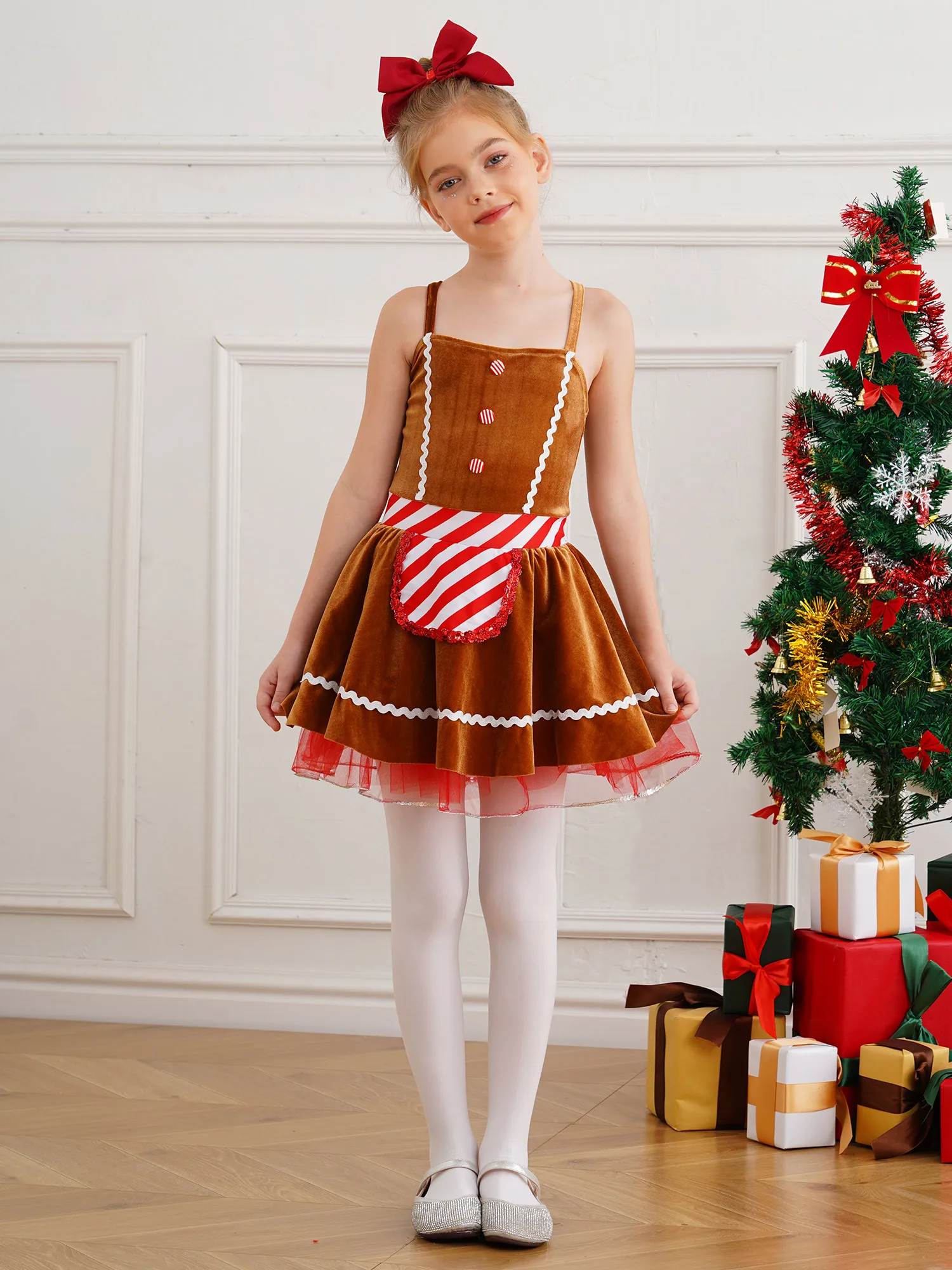 Girls Gingerbread Man Cosplay Costumes Ballet Dance Tutu Princess Dress Bodysuit Teen Christmas Cosplay Party Santa Dresses