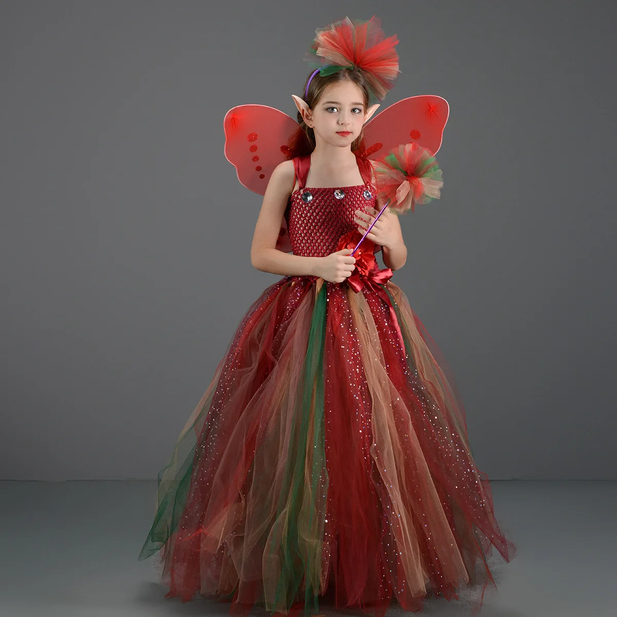 

Woodland Long Tulle Gown Matching Wing Wand Set Sparkly Floral Festive Outfit Halloween Carnival Pageant Stage Performance Dress