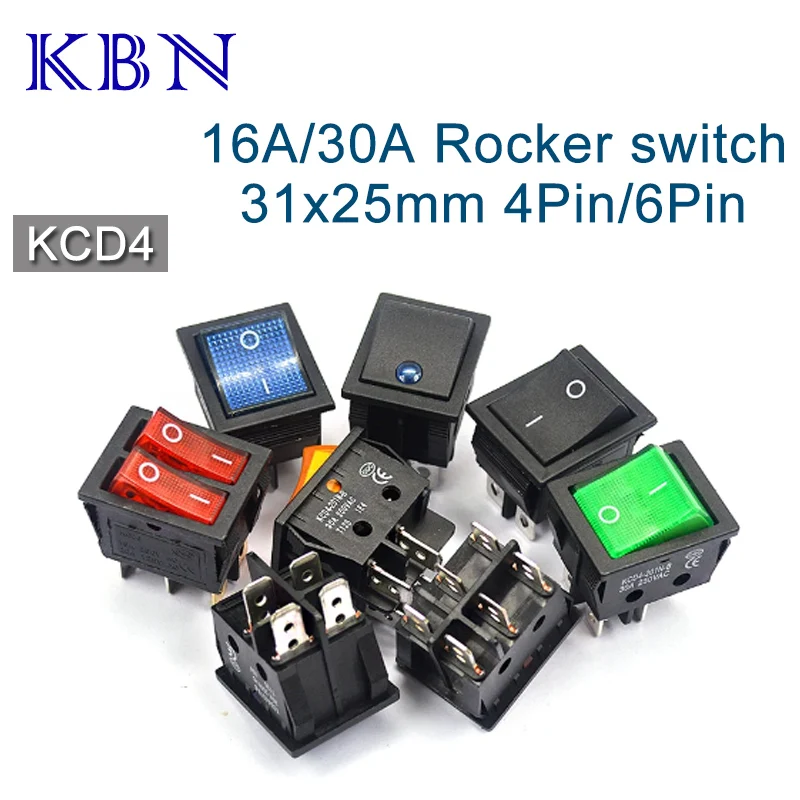 KCD4 Rocker switch ship type switch rocker power button 4/6PIN red light green light 31x25mm16A/30A 250v ON-OFF/ON-OFF-ON