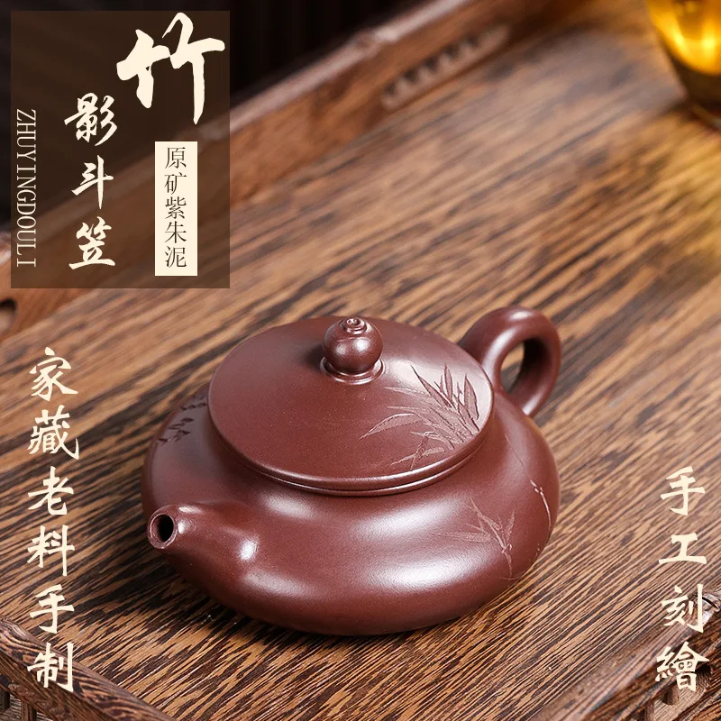 A dropshipping Yixing raw ore purple cinnabar mud purple clay pot, pure handmade bamboo shadow hat teapot