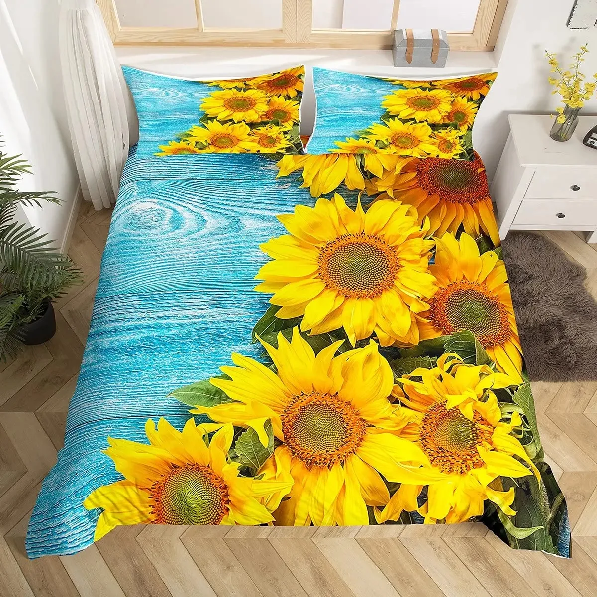 

Sunflower Duvet Cover Set Full Size for Girl Yellow Flower Bedding Set Botanical Floral Comforter Cover on Teal Wood Quilt Cover