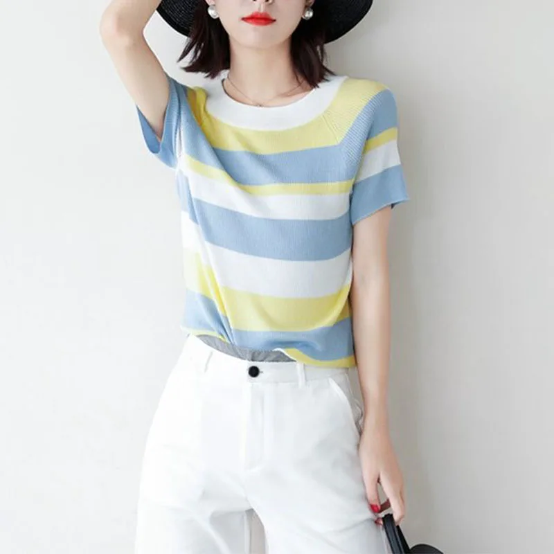 Fashion Women Casual Striped T-shirt Spring Summer Korean New Short Sleeve O-Neck All-match Pullover Loose Thin Knitted Top 2023