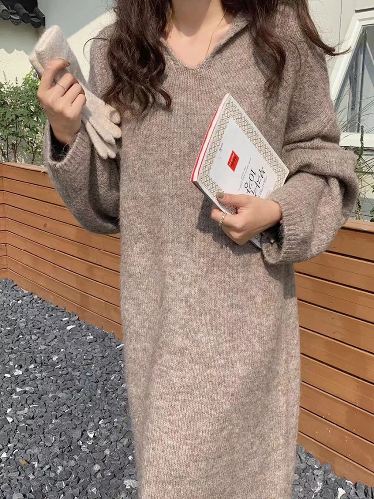 QOERLIN Minimalist Korean Dress Women Autumn Winter Grey Sweater Dress Maxi Hoodies Long Sleeve Knitted Dresses Loose Casual