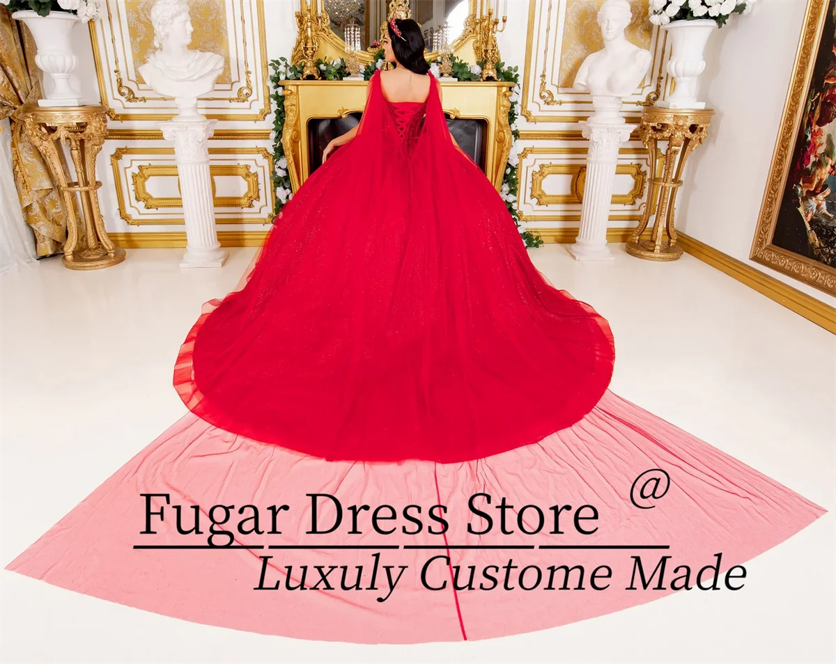 French style Red Princess Quinceanera Dresses Sparkling3Dbutterfly decal Long off shoulder cape sleeve dress vestidos para niñas